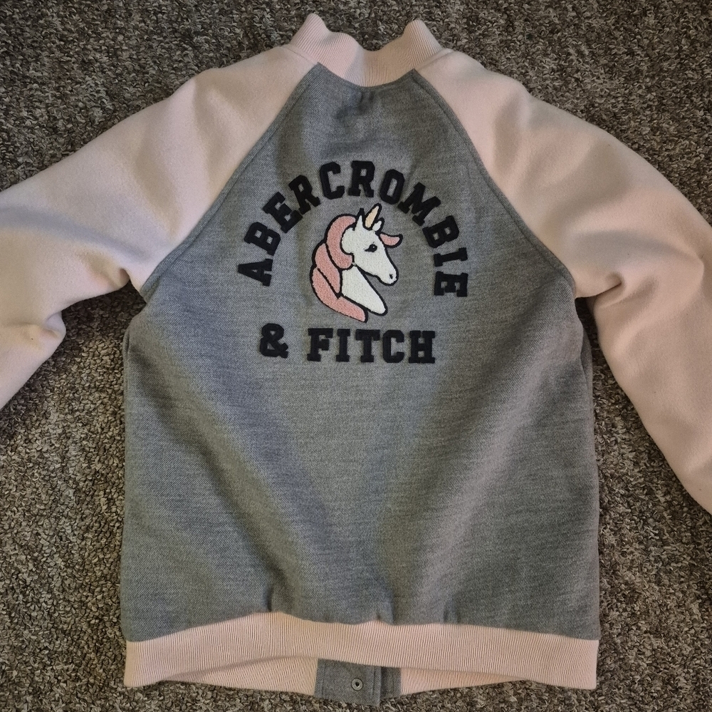 Abercrombie & Fitch Pink and Gray Unicorn Bomer Jacket 14/16 Kids Girls